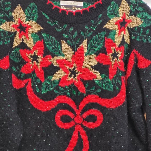 Vintage Christmas Sweater Poinsettia Black Red Dana Scott Acrylic Size Medium - Picture 7 of 15